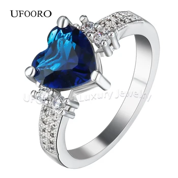 UFOORO yeni gümüş kaplama kraliyet mavi sevgi dolu kalp CZ simüle promise yüzükler kadınlar ıçin 2017 düğün nişan yüzük hediye