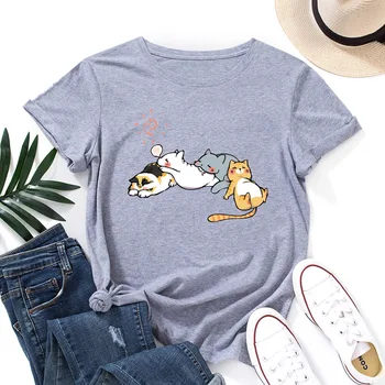 Uyku Kediler Grafik Tees Harajuku Gömlek Kadınlar için Sevimli Kedi Evcil Hayvanlar T-Shirt Kadın Yaz %100 % Pamuk Kısa Kollu Üstleri