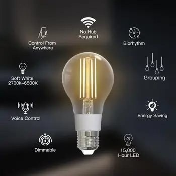 WiFi Akıllı Filament Ampul LED İşık Lambası E27 Kısılabilir Aydınlatma 2700K-6500K 806Lm Tuya Alexa Google Ses Kontrolü 90-250V 7W