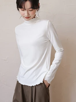 Wııte Siyah Temel Pamuklu Kadın T-Shirt Yuvarlak Boyun Uzun Kollu Üstleri Kore Tarzı Gömlek Casual Bayan Giyim Bir Boyut Tee Gömlek