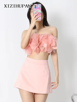 XIZIHUPAN Kore Moda Seksi Pembe Tankı Üstleri Kadınlar İçin Straplez Kolsuz Patchwork Çiçek Katı Yelekler Kadın Giysileri 2022 Yeni