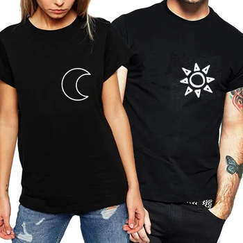 Yaz Yeni Moda Gömlek Eşleşen Kadın T Shirt Güneş ve Ay Baskı T Shirt Komik Çift T-Shirt Kadın Kısa Kollu Üstleri