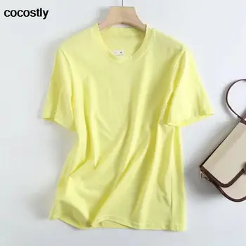 Yeni 2022 Yaz kısa kollu tişört Kadın Yuvarlak Boyun T-Shirt Temel Kadın Gevşek Bluzlar Düz Renk Basit kadın bluzları Tee 1