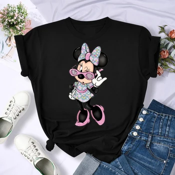 Yüksek Kaliteli kadın T Shirt Moda Leopar Minnie baskılı tişört Kadın Giyim Disney T Shirt Yaz kısa kollu üstler