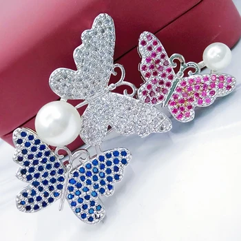 Üç Canlı Kelebek Broş Pins İnci Joyas Moda Kostüm Takı Broş Lüks Broş Broş Kadınlar için Fabrika Fiyat