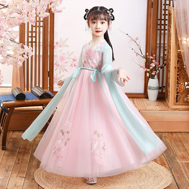 Çin Geleneksel Halk Peri Çocuk Elbise Nakış Tang Hanedanı Hanfu Giyim Prenses Halk Kız Dans Giyim